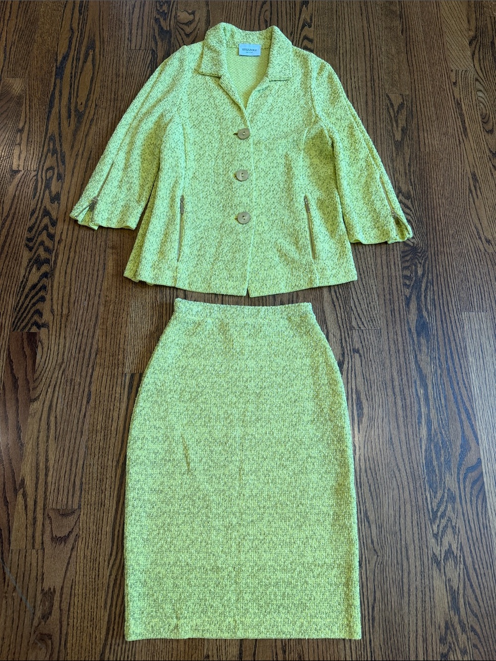 Vintage Stizzoli Bright Neon Yellow Boucle 2 Piece Skirt Jacket Blazer Set 42